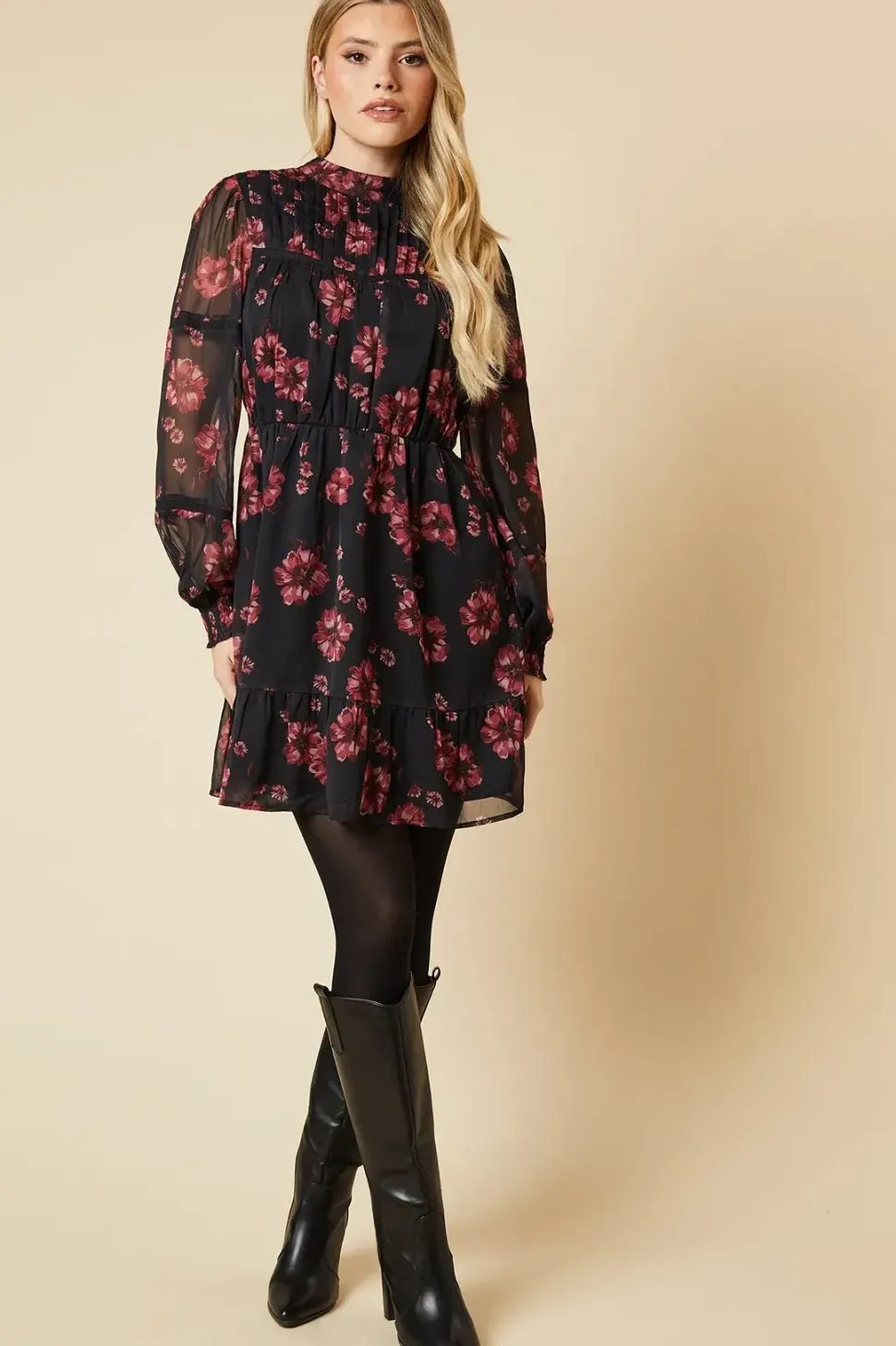 Pink Floral Chiffon Pleated Yoke Mini Dress