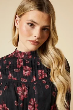 Pink Floral Chiffon Pleated Yoke Mini Dress