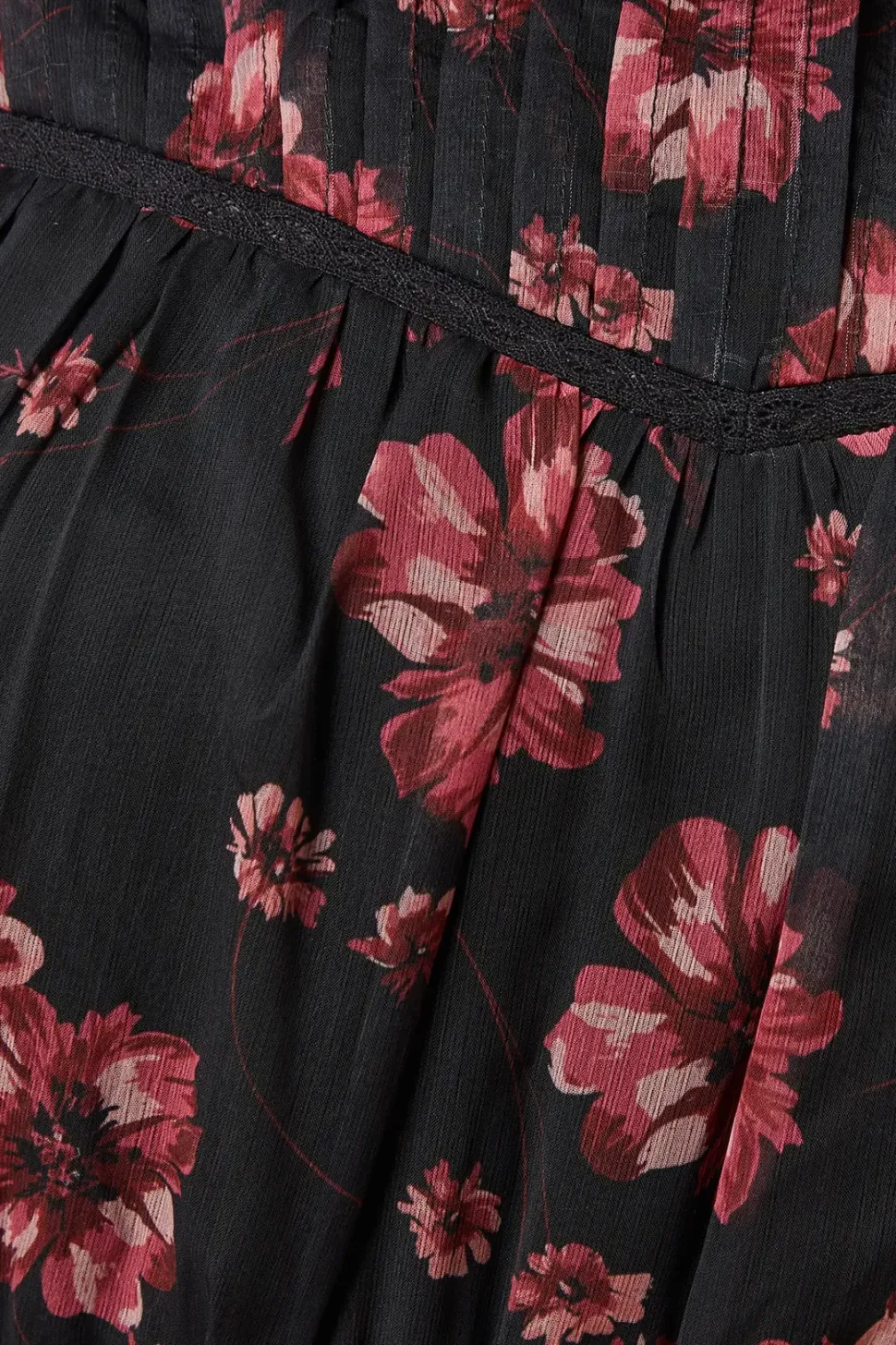 Pink Floral Chiffon Pleated Yoke Mini Dress
