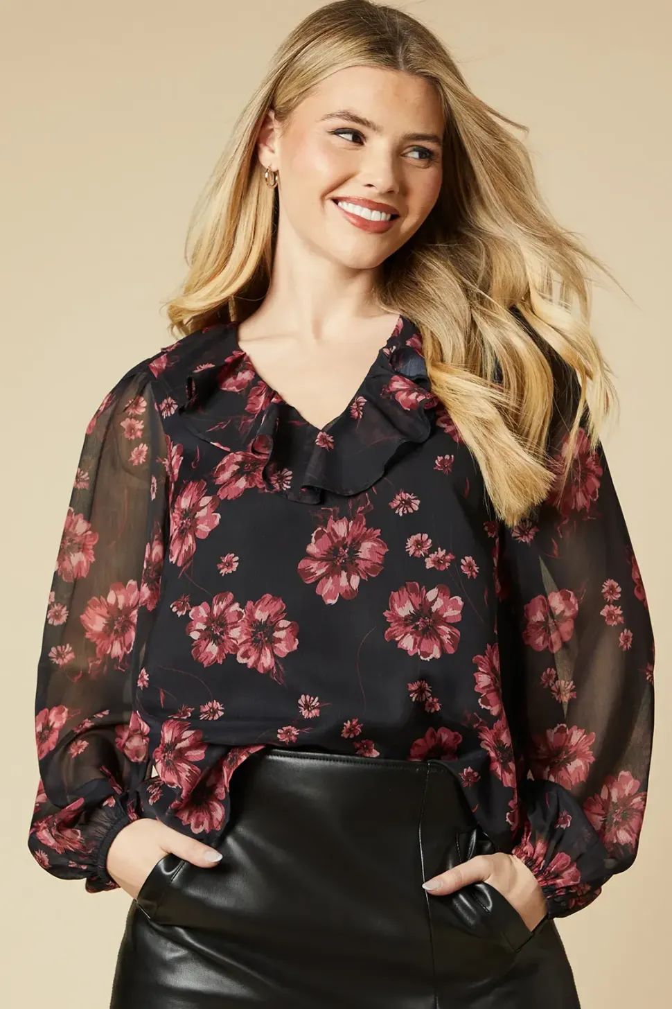 Pink Floral Chiffon Ruffle Front Long Sleeve Blouse