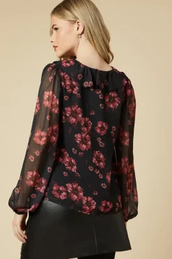 Pink Floral Chiffon Ruffle Front Long Sleeve Blouse