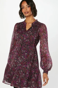 Pink Floral Chiffon Ruffle Hem Long Sleeve Mini Dress