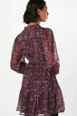 Pink Floral Chiffon Ruffle Hem Long Sleeve Mini Dress