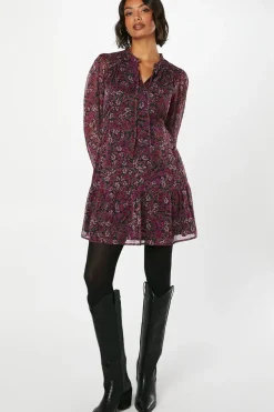 Pink Floral Chiffon Ruffle Hem Long Sleeve Mini Dress