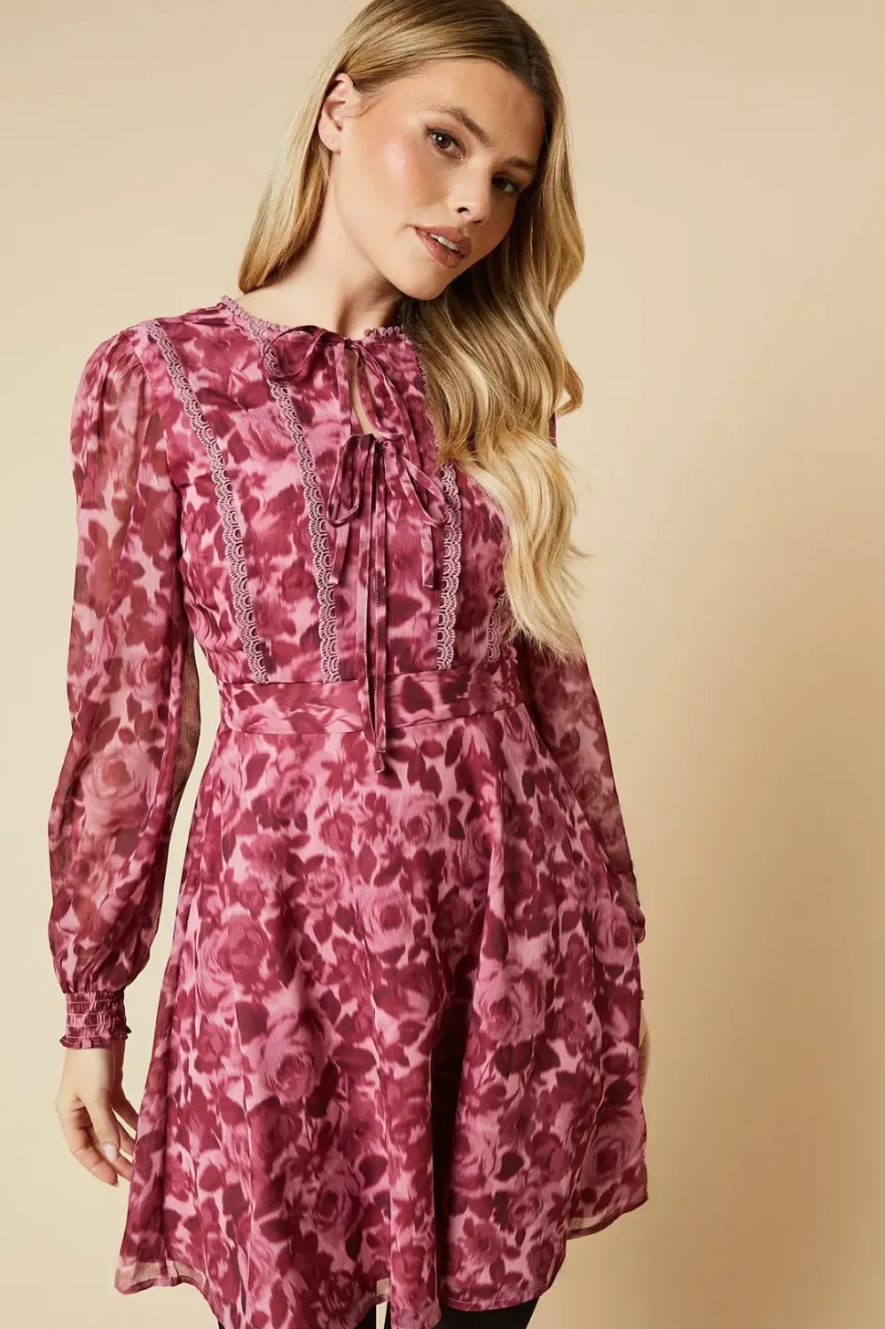Pink Floral Double Tie Lace Trim Tie Back Shirred Cuff Mini Dress