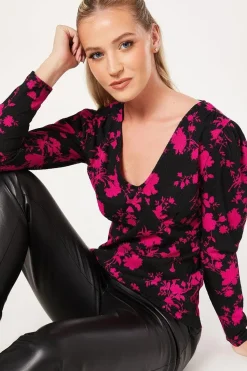 Pink Floral Empire V Neck Long Sleeve Top