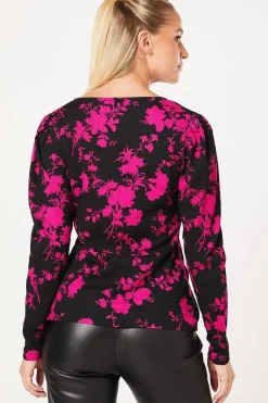 Pink Floral Empire V Neck Long Sleeve Top