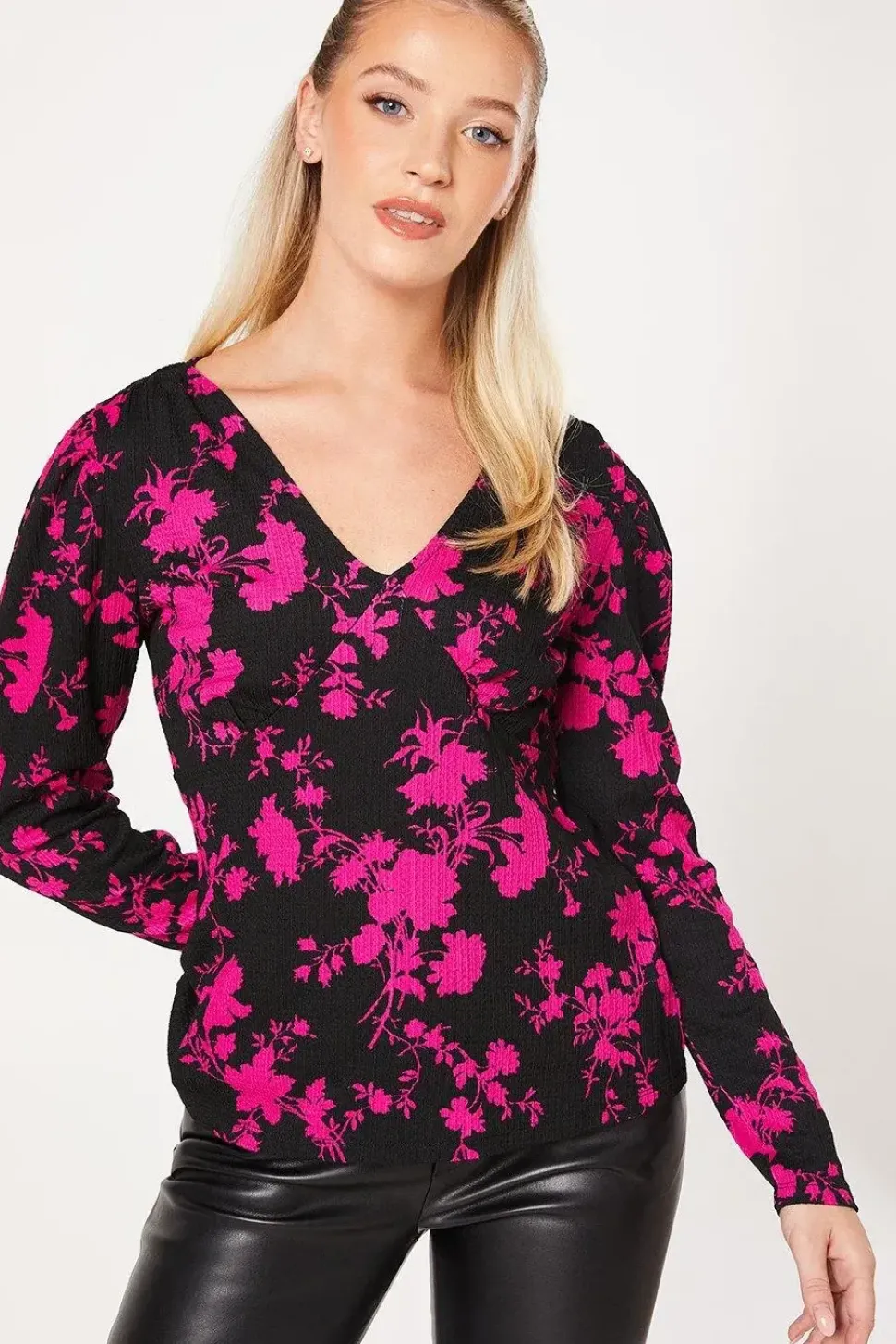 Pink Floral Empire V Neck Long Sleeve Top