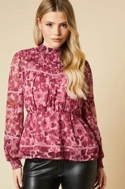 Pink Floral Pleated Yoke Chiffon Long Sleeve Blouse