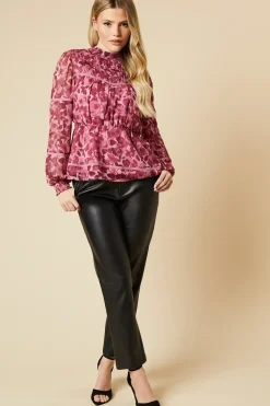 Pink Floral Pleated Yoke Chiffon Long Sleeve Blouse