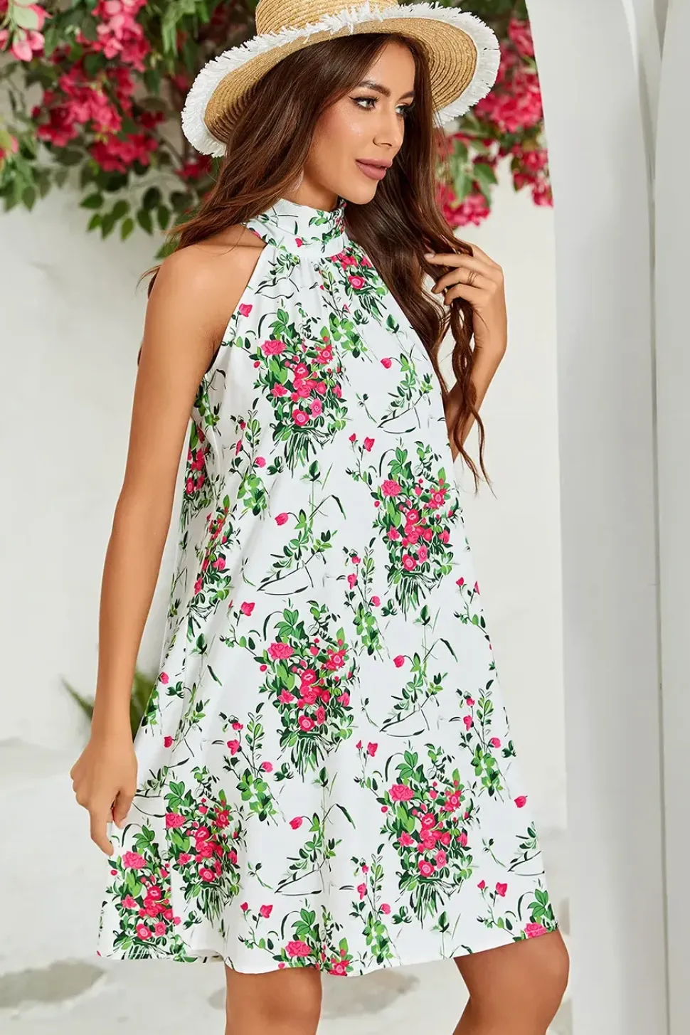 Pink Floral Print Halter Neck Tie Back Mini Dress In White