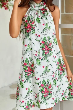 Pink Floral Print Halter Neck Tie Back Mini Dress In White