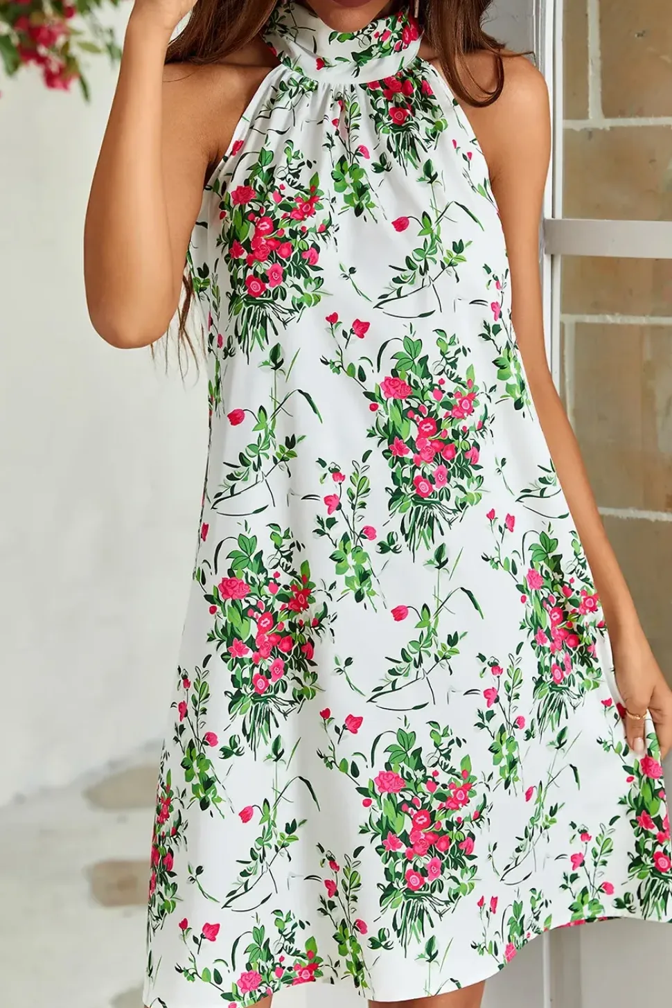 Pink Floral Print Halter Neck Tie Back Mini Dress In White