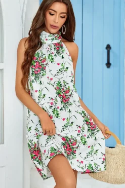 Pink Floral Print Halter Neck Tie Back Mini Dress In White