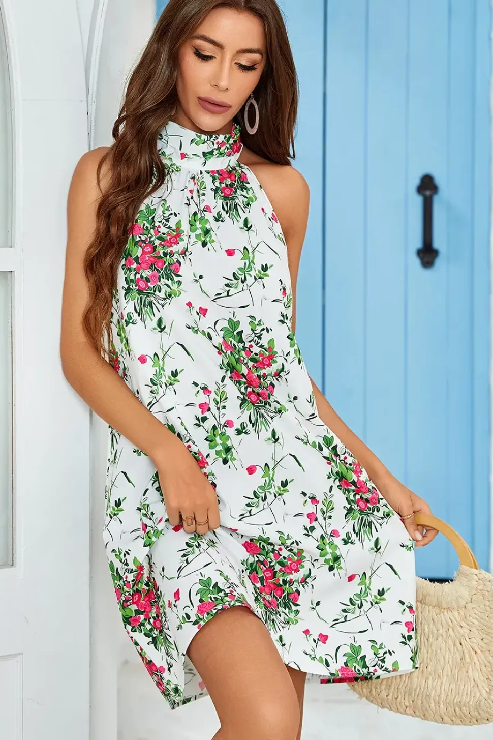 Pink Floral Print Halter Neck Tie Back Mini Dress In White