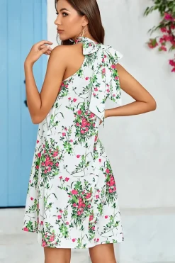 Pink Floral Print Halter Neck Tie Back Mini Dress In White