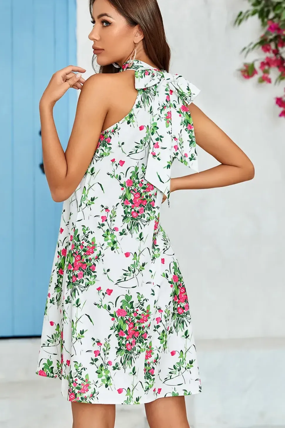 Pink Floral Print Halter Neck Tie Back Mini Dress In White