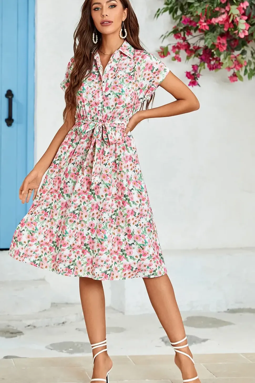 Pink Floral Print Short Sleeve Shirt Midi Dress