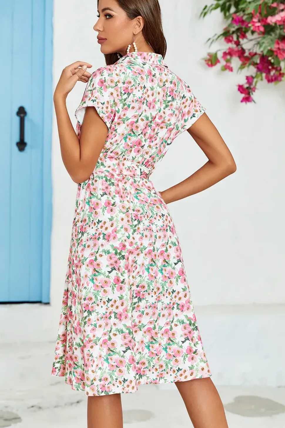 Pink Floral Print Short Sleeve Shirt Midi Dress