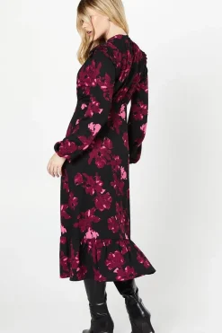 Pink Floral Ruffle Hem Long Sleeve Midi Dress
