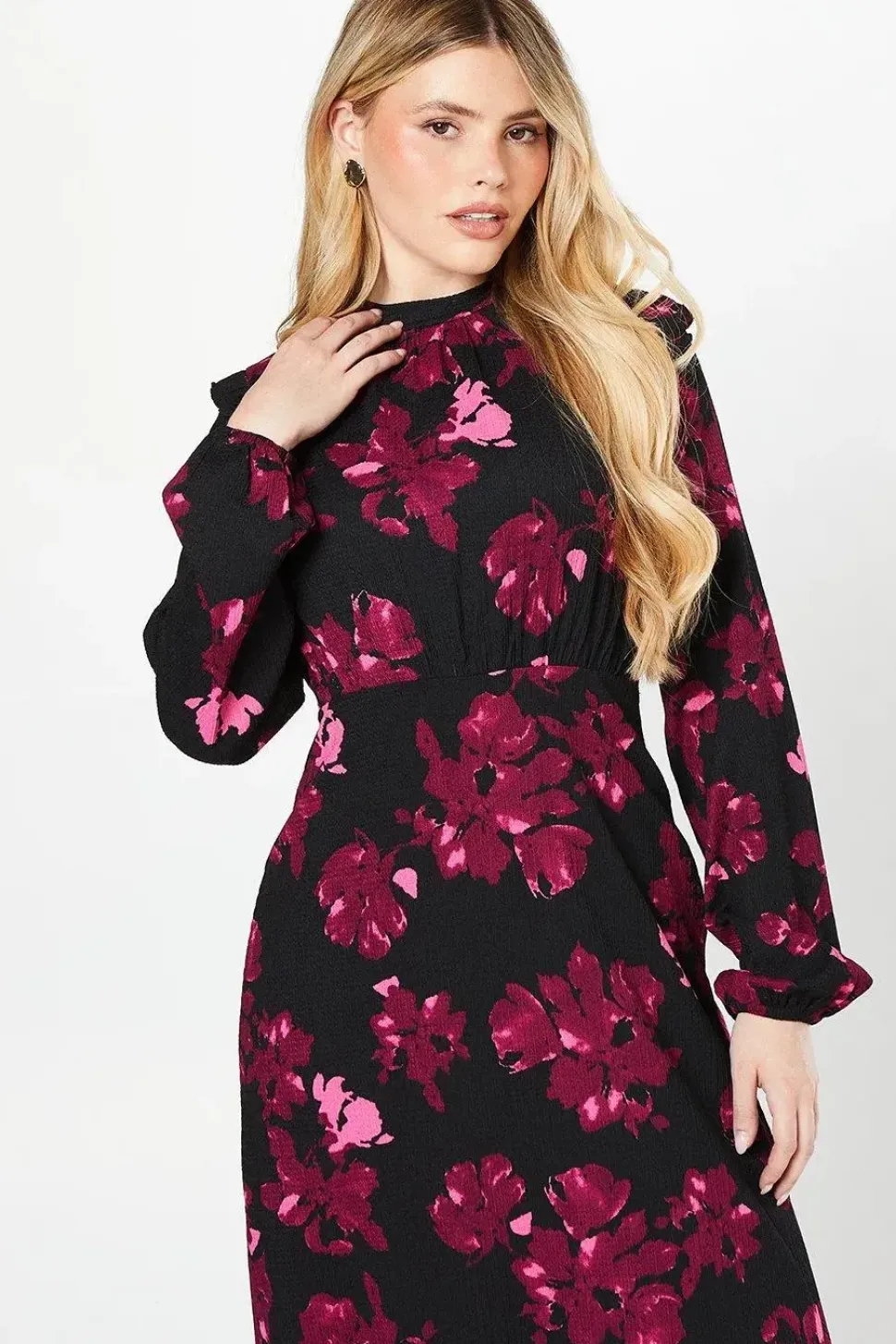 Pink Floral Ruffle Hem Long Sleeve Midi Dress
