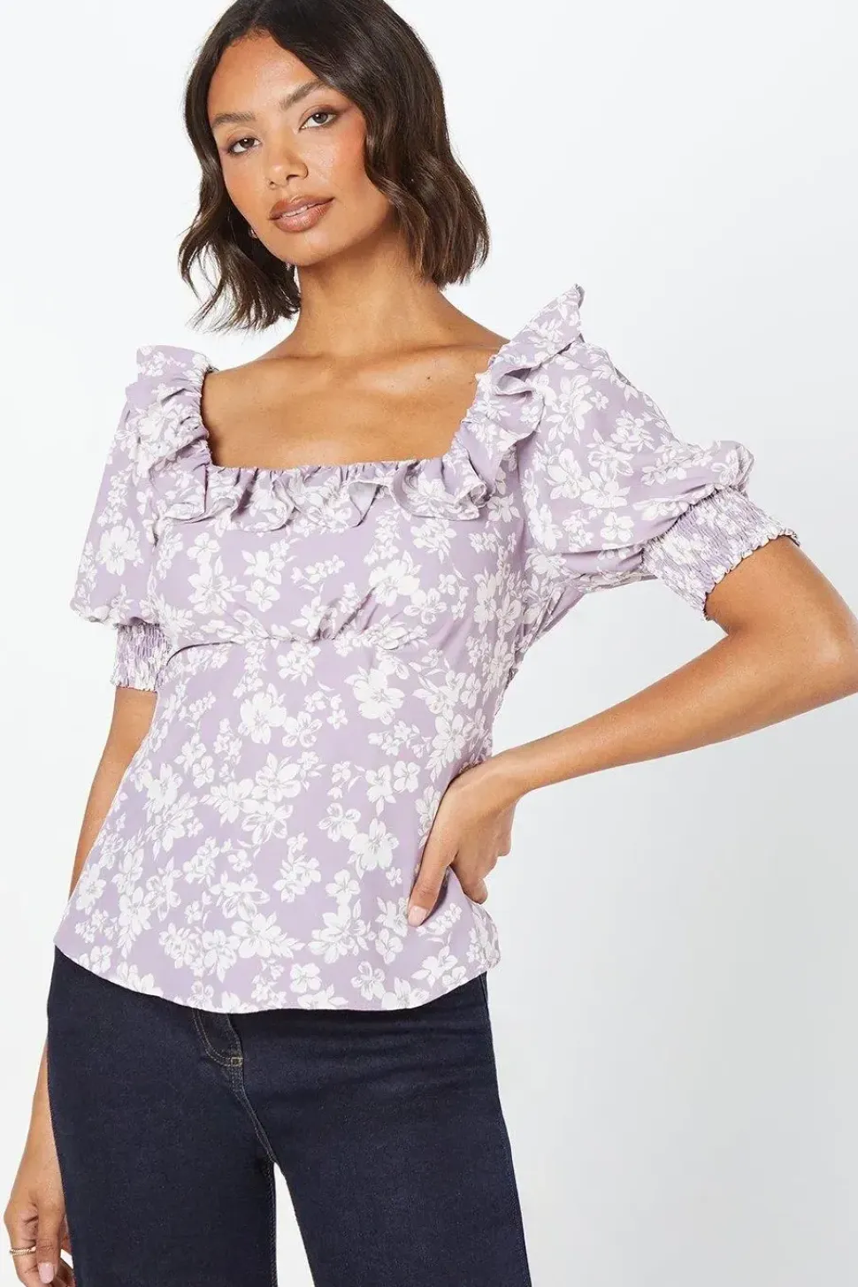 Pink Floral Ruffle Neck Blouse