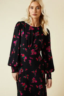 Pink Floral Shirred Cuff Midi Dress
