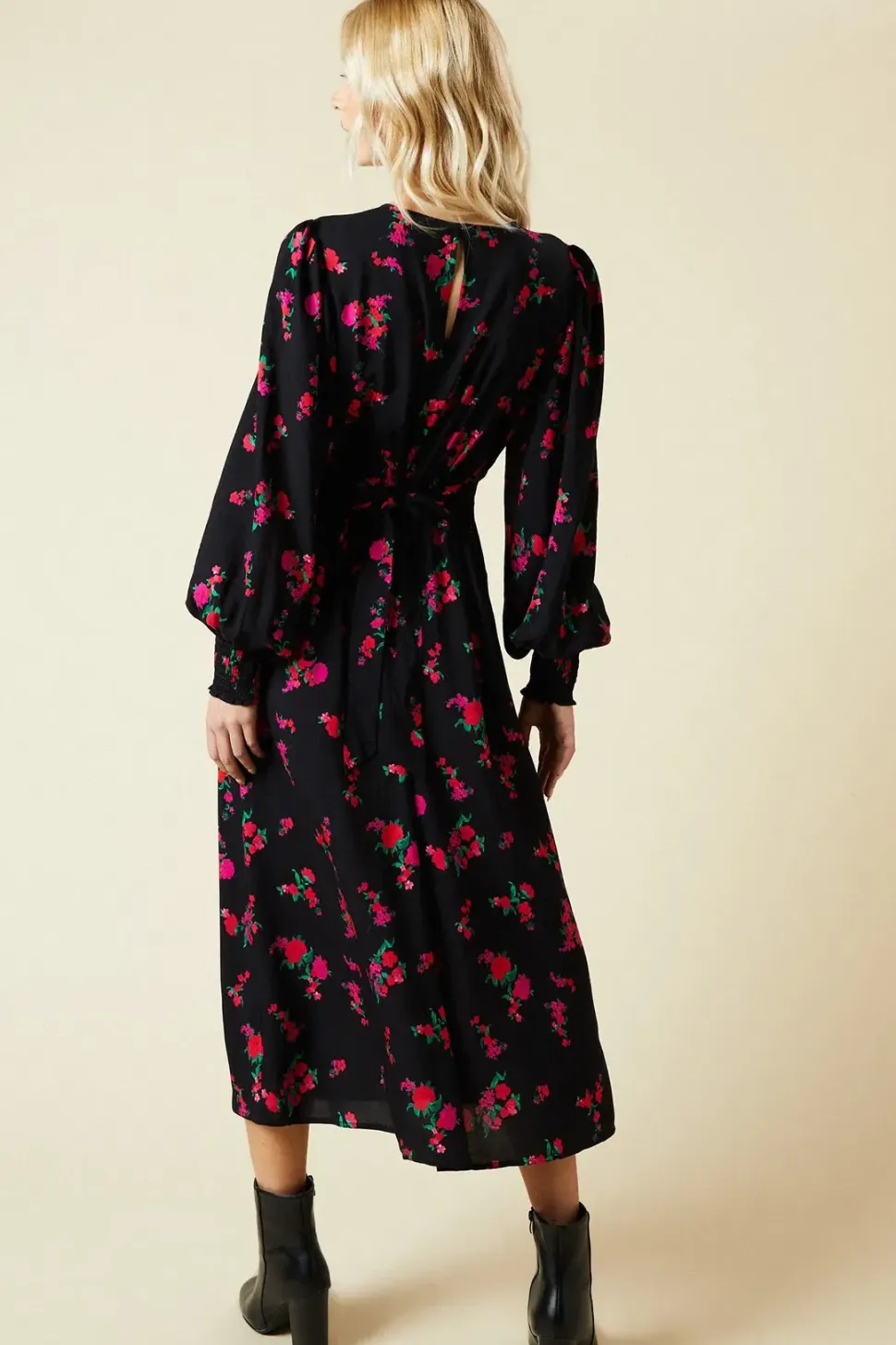 Pink Floral Shirred Cuff Midi Dress