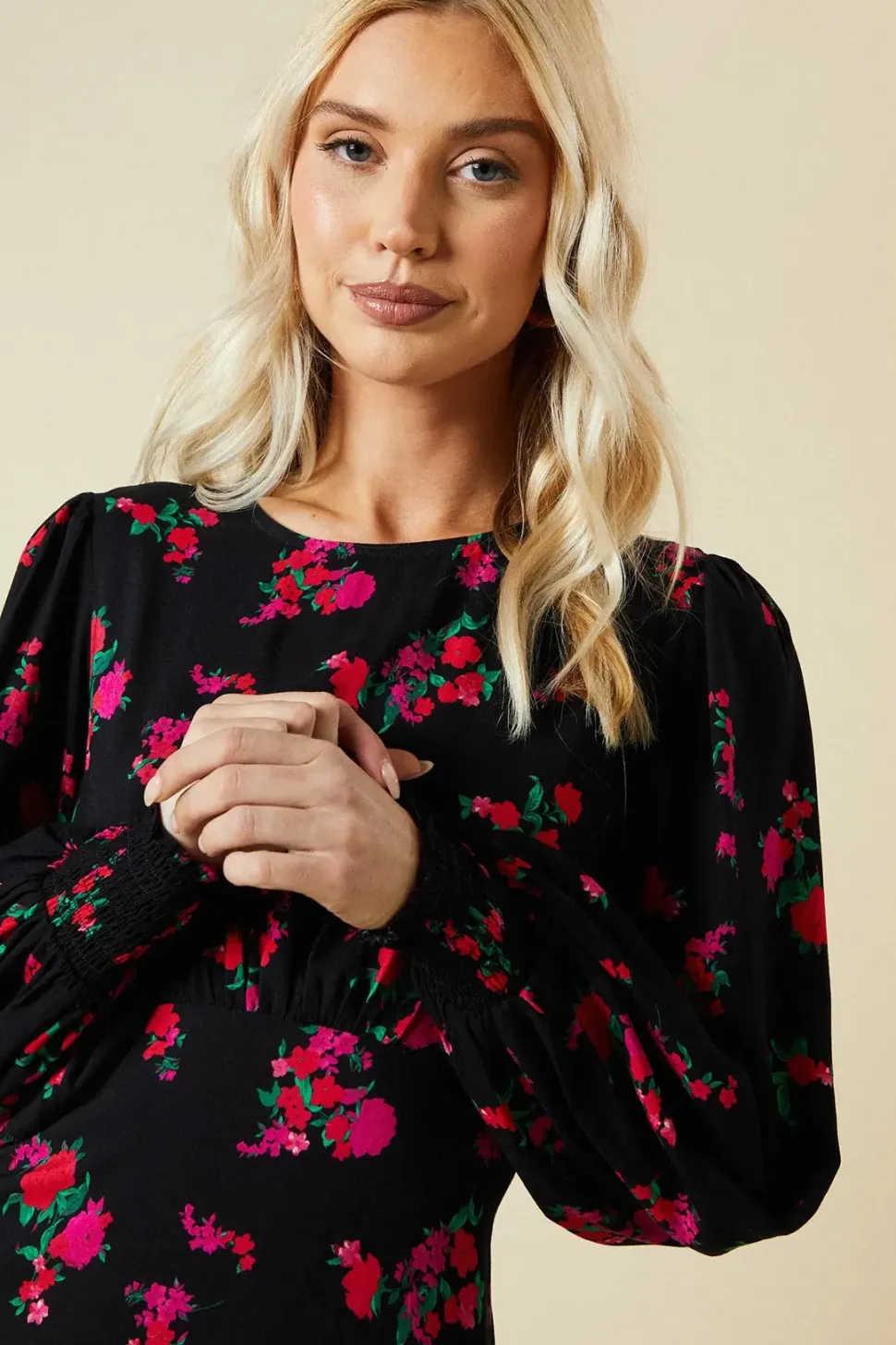 Pink Floral Shirred Cuff Midi Dress