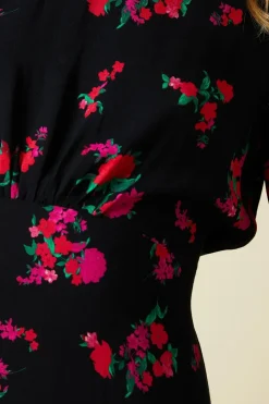 Pink Floral Shirred Cuff Midi Dress