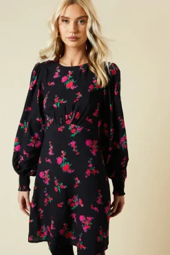 Pink Floral Shirred Cuff Mini Dress