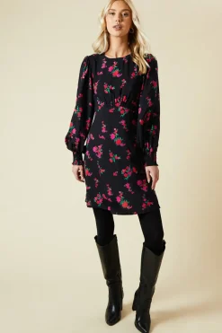 Pink Floral Shirred Cuff Mini Dress