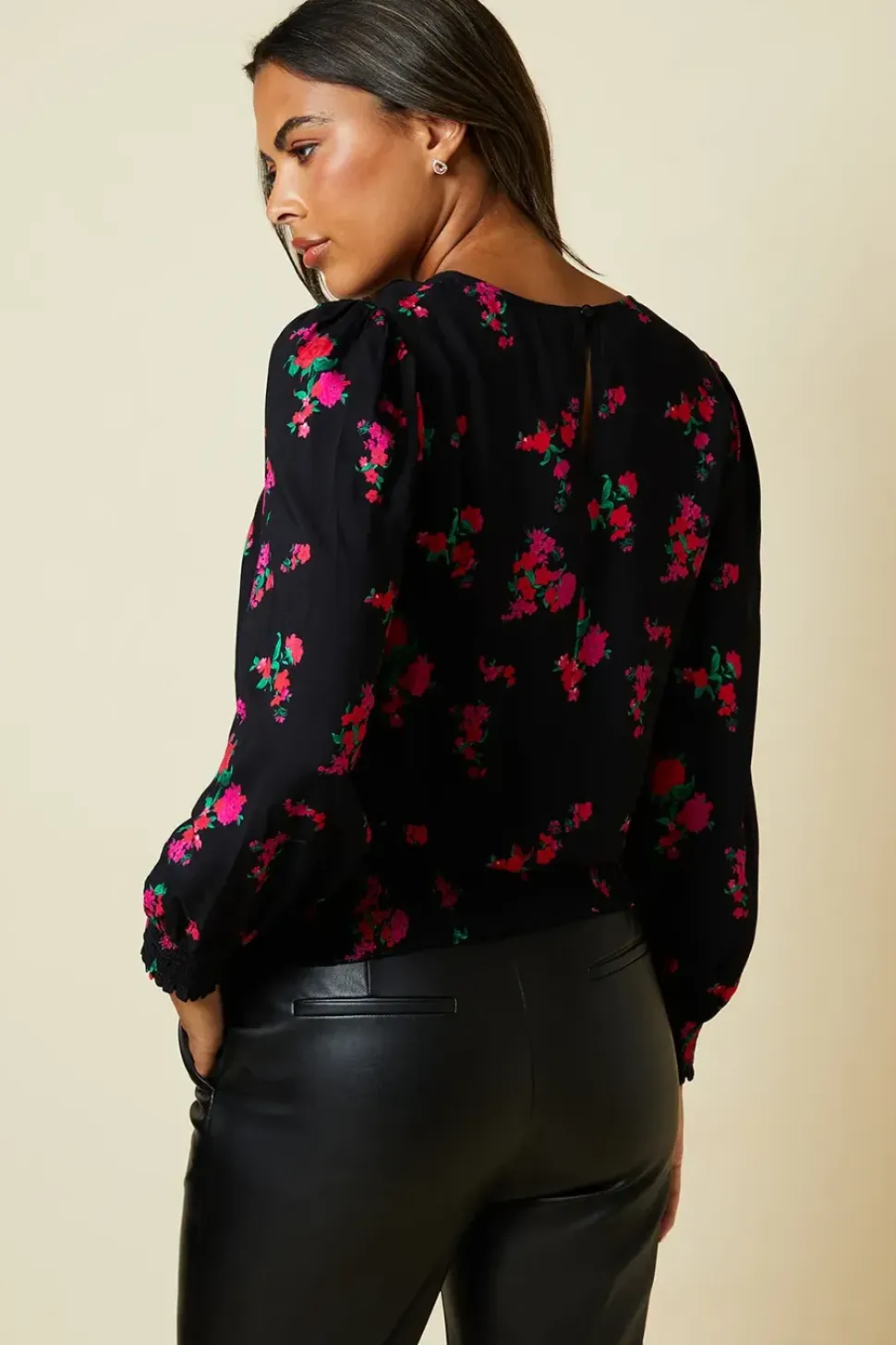 Pink Floral Shirred Hem Top