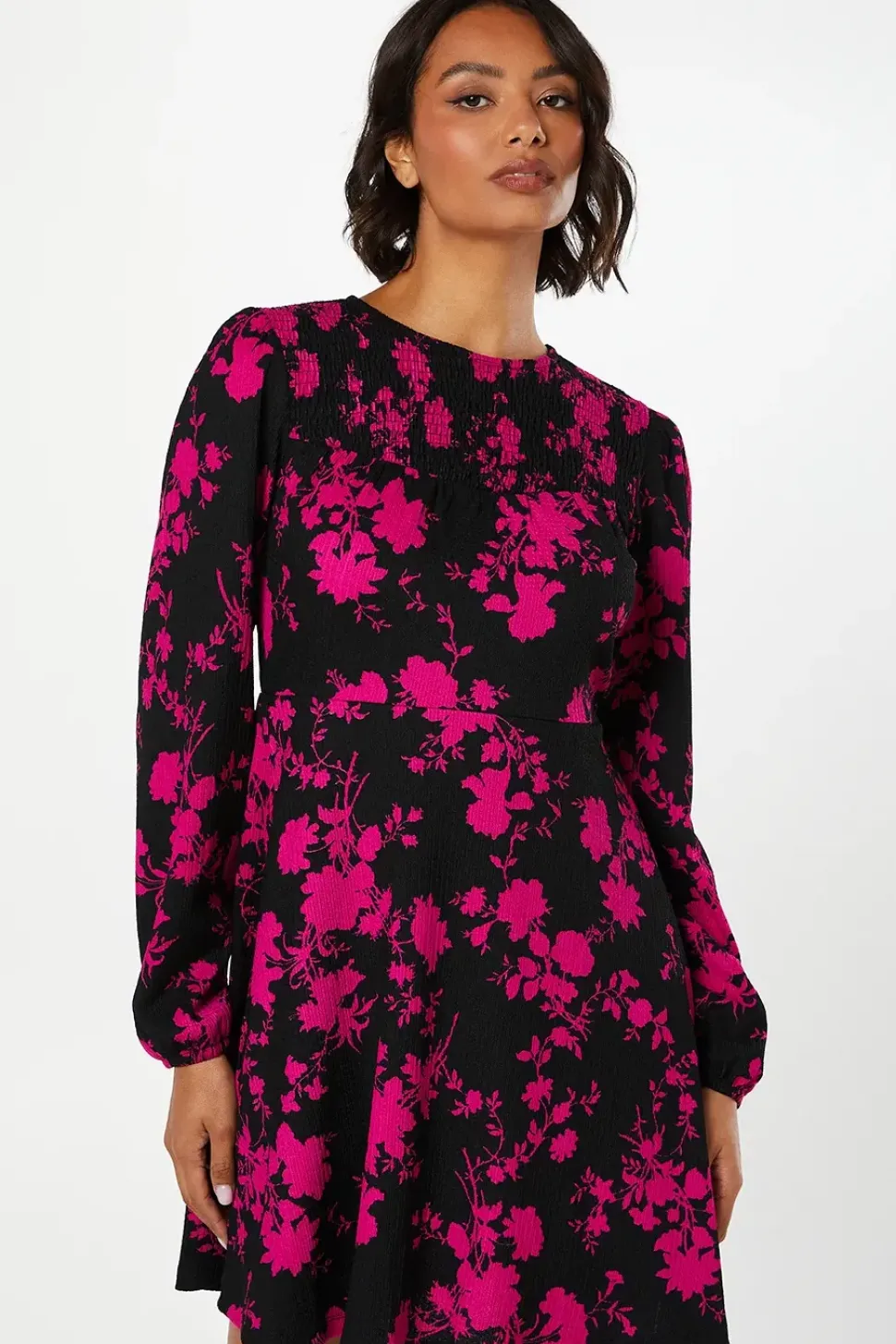 Pink Floral Shirred Yoke Mini Dress