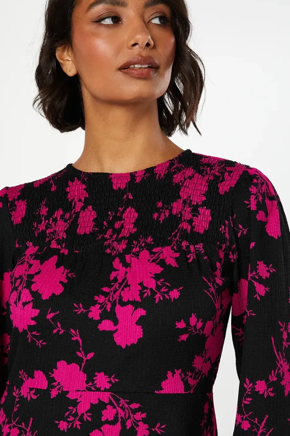 Pink Floral Shirred Yoke Mini Dress