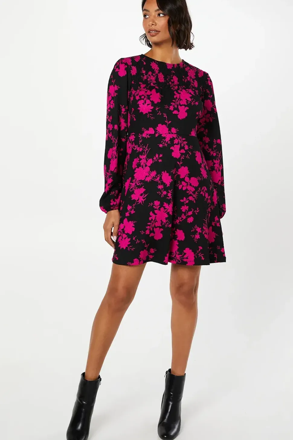 Pink Floral Shirred Yoke Mini Dress