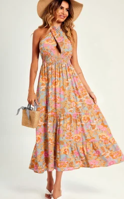 Pink Flora Print Halter Neck Tie Back Maxi Dress In Grey