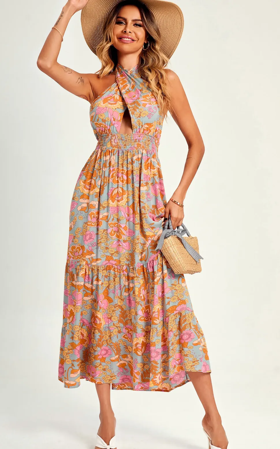Pink Flora Print Halter Neck Tie Back Maxi Dress In Grey