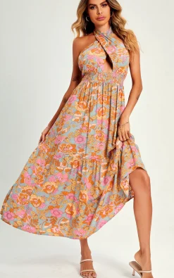 Pink Flora Print Halter Neck Tie Back Maxi Dress In Grey