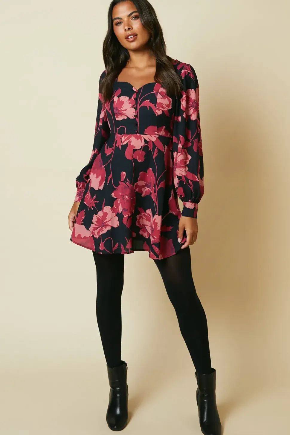 Pink Large Floral button front mini dress