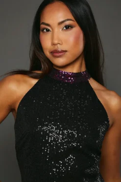 Pink Ombre Sequin Halterneck Midi Dress