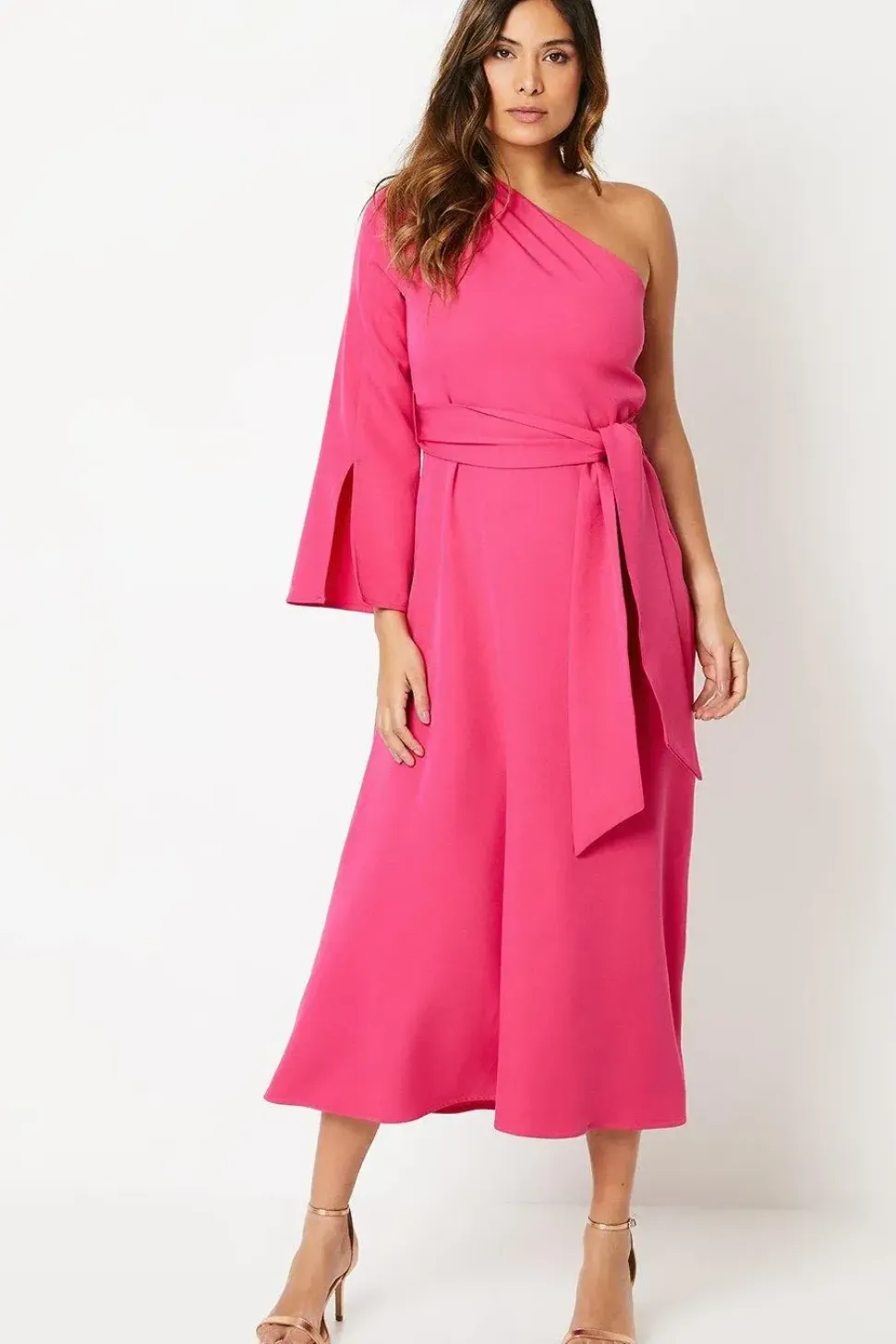 Pink One Shoulder Belted Occasion Dress