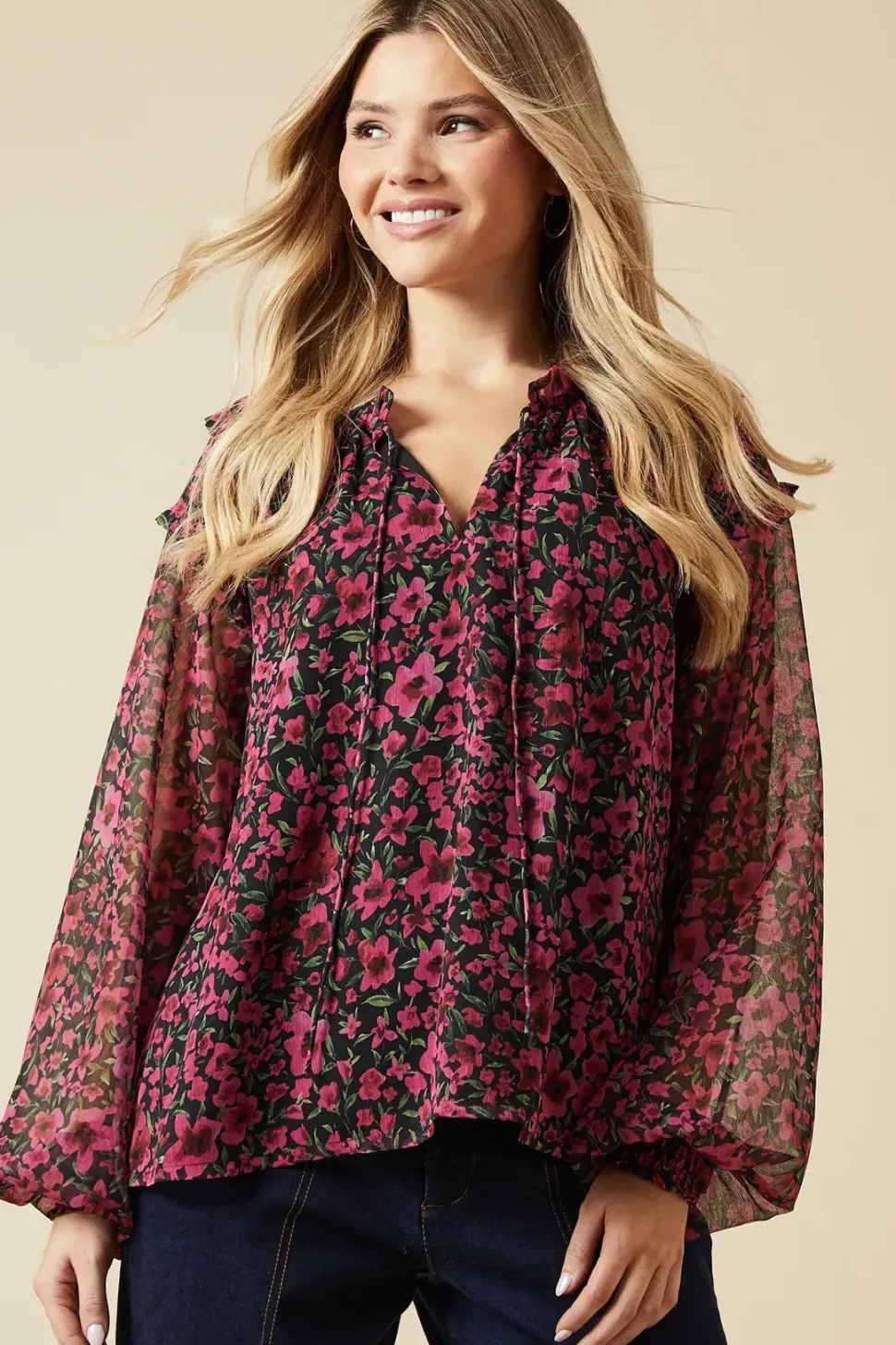 Pink Spaced Floral Ruffle Sleeve Overhead Blouse