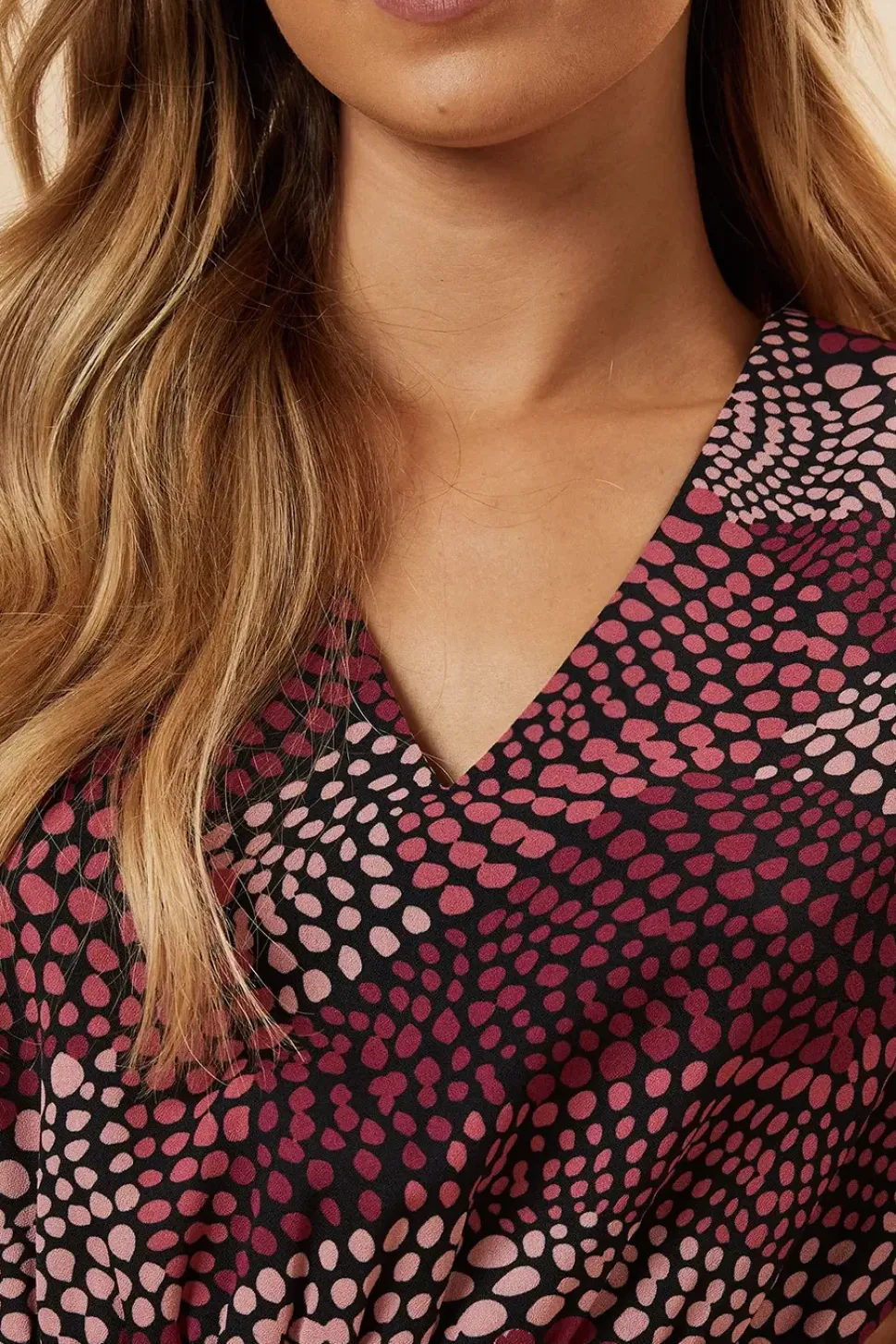 Pink Spot V Neck Shirred Waist Blouse
