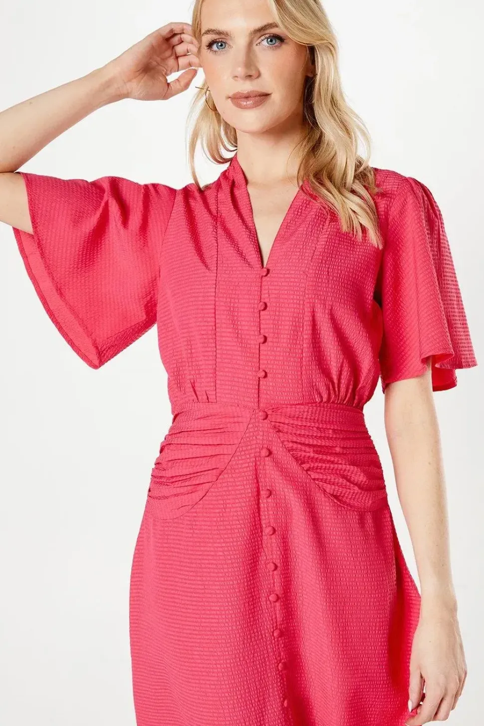 Pink Textured Woven Midi Dress