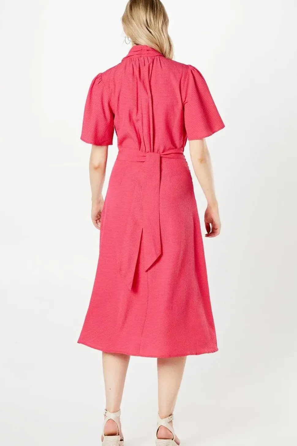 Pink Textured Woven Midi Dress