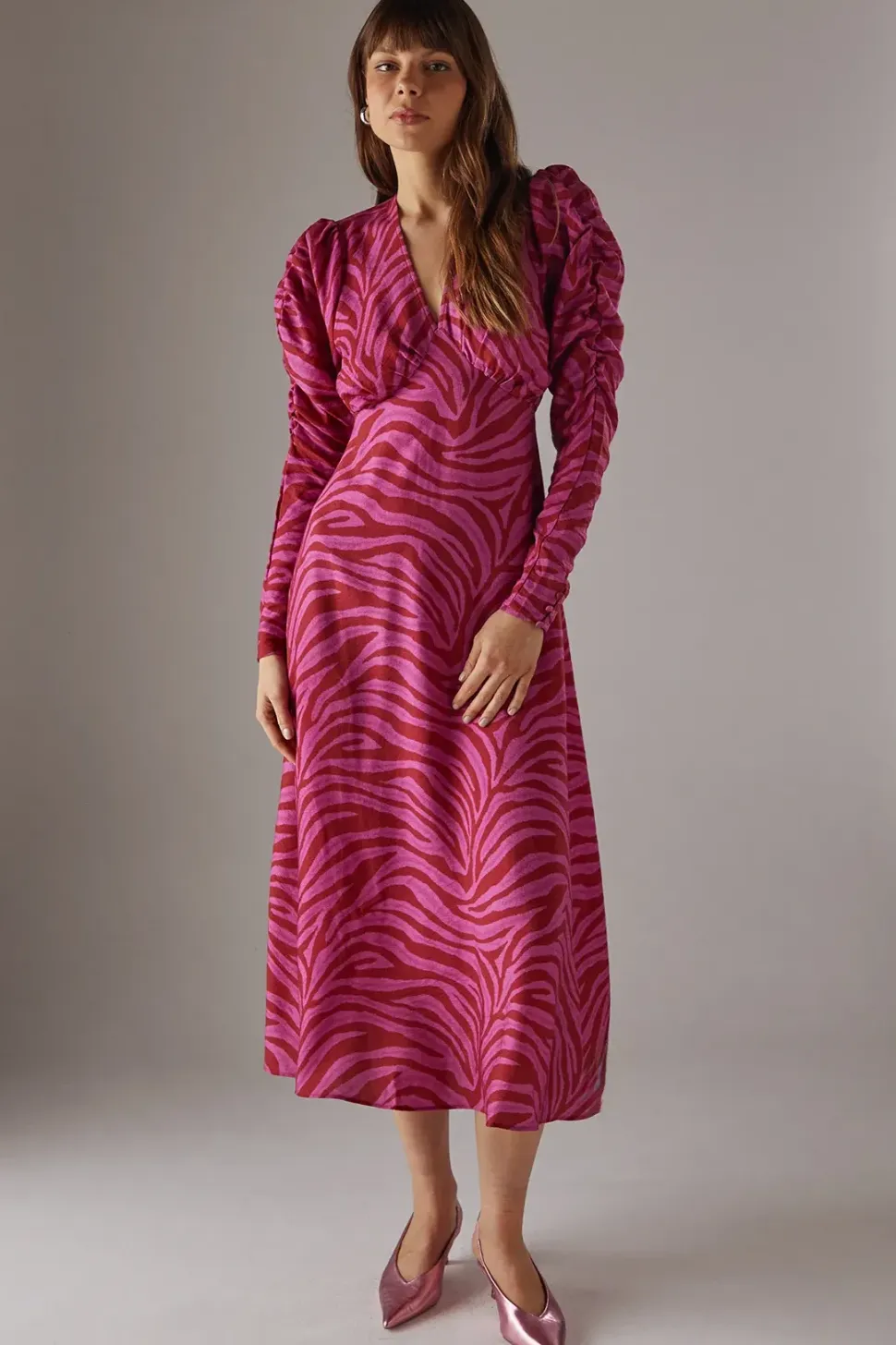 Pink Zebra Print Viscose V Neck Long Puff Sleeve Midi