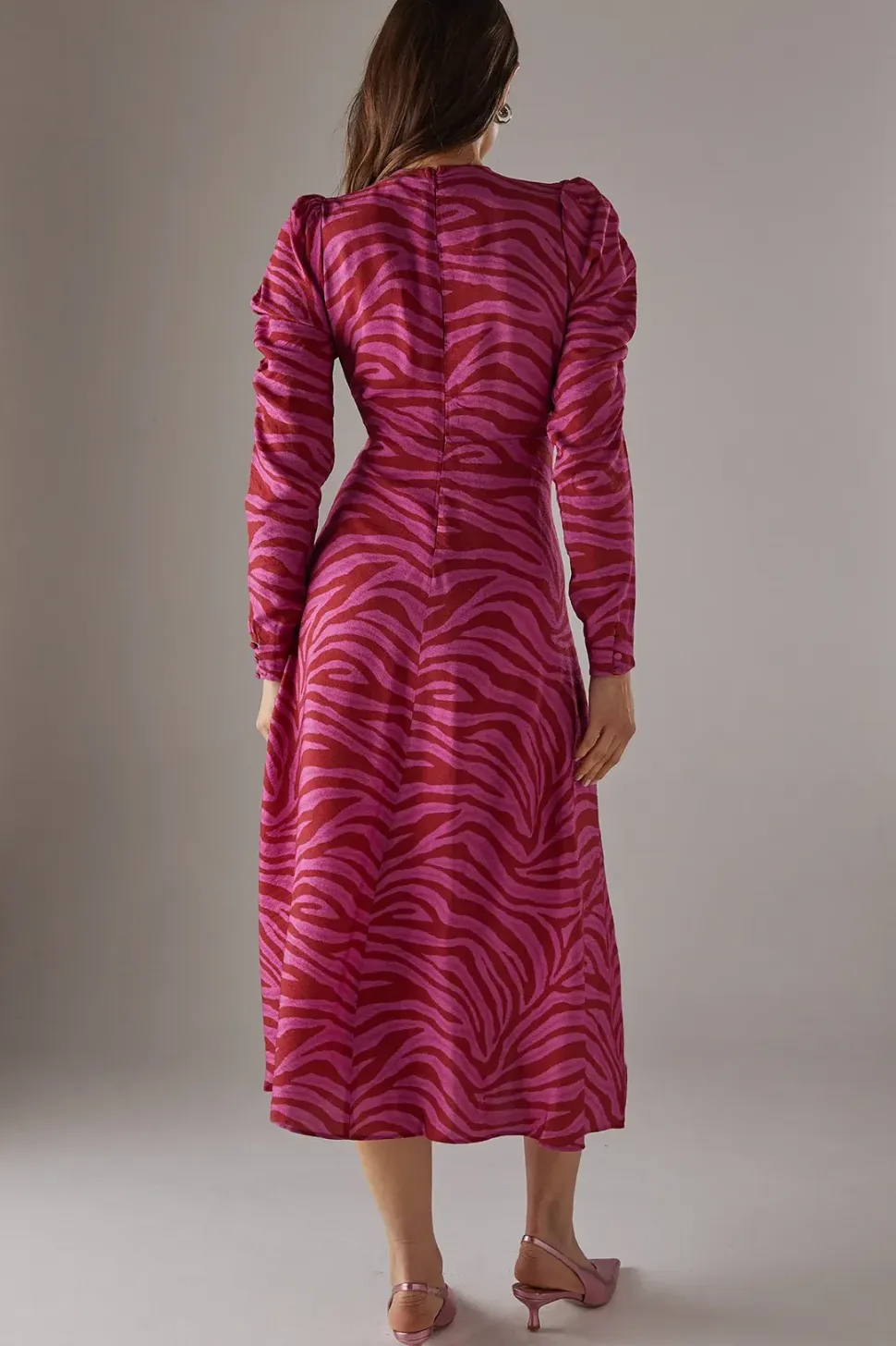 Pink Zebra Print Viscose V Neck Long Puff Sleeve Midi