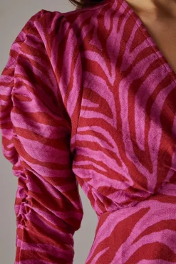 Pink Zebra Print Viscose V Neck Long Puff Sleeve Midi