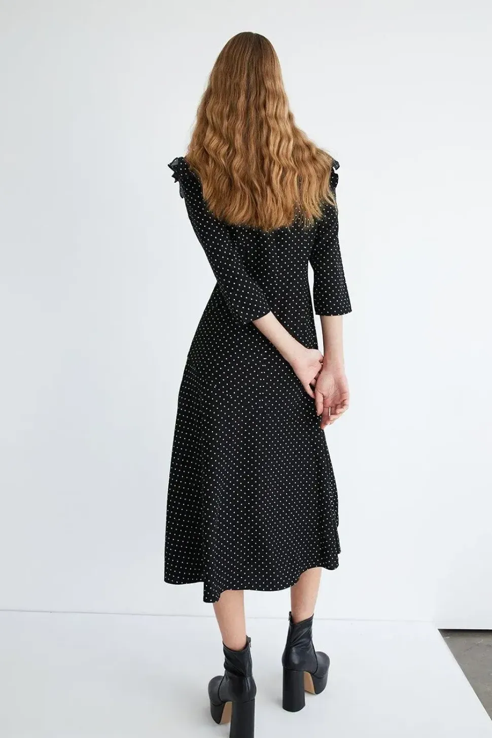 Pinspot Flippy Mock Neck Ruffle Midi Dress